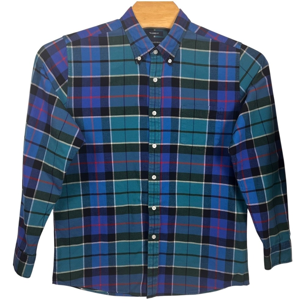 Saddlebred Men Large Blue Plaid 100% Cotton Flannel Button Long Sleeve Shirt